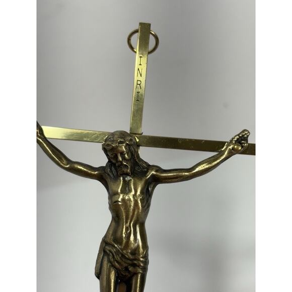 Vintage Jesus On Cross Crucifix Wall Hanging Religious 10” INRI Brass Gold Tone - Picture 9 of 9